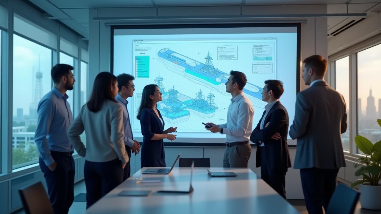 Harbor Echoのモダンなオフィスに集まるプロフェッショナルなエンジニアチーム