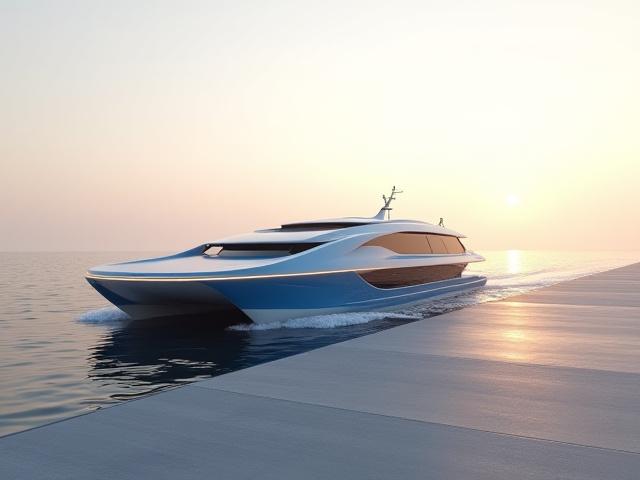 自動ドッキング機能を備えた自律型短距離旅客フェリーの概念図。未来的なデザインと湾内の静かな水域に浮かぶ様子。