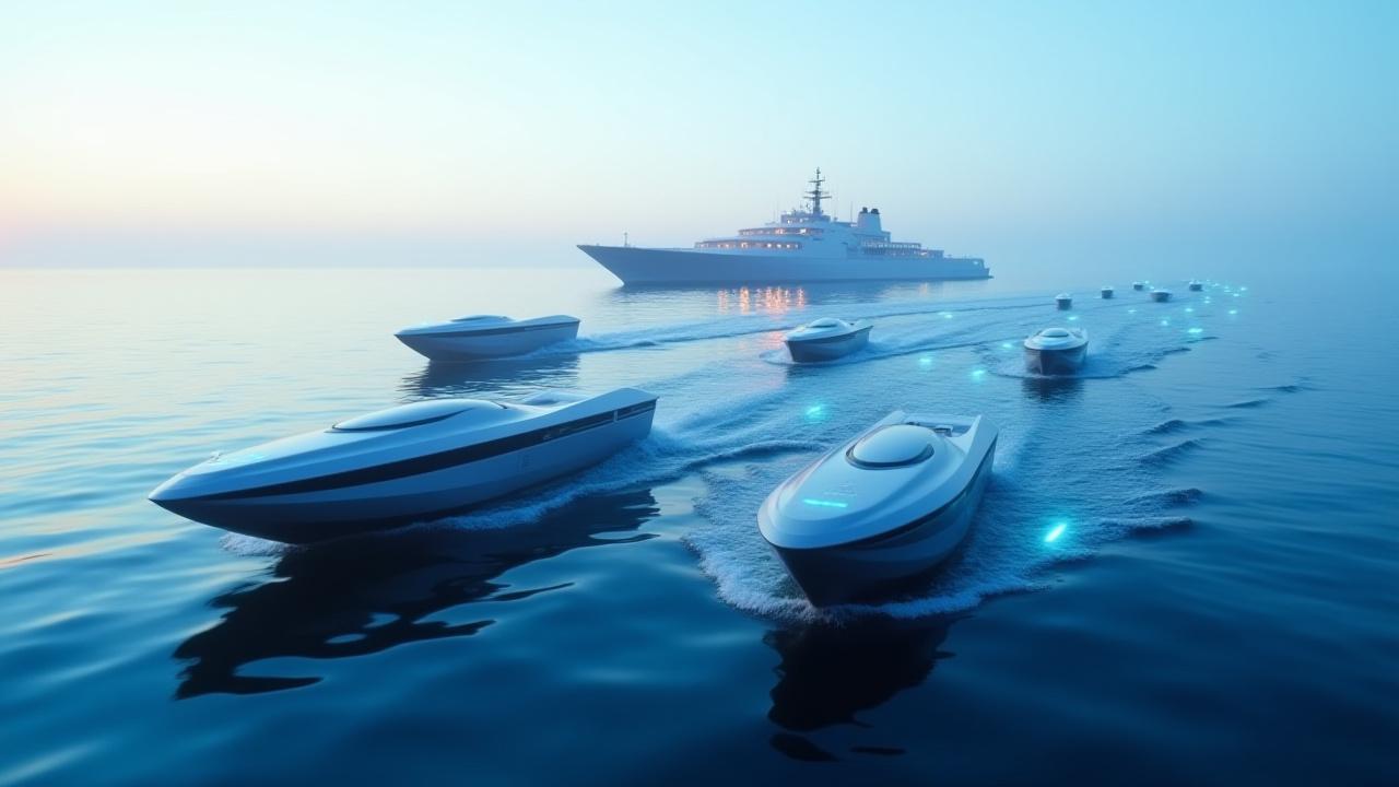 未来的な無人水上艇（USV）が遠隔操作船と連携して航行する様子。データストリームが superimposed された、最先端の海上自動化のビジュアル