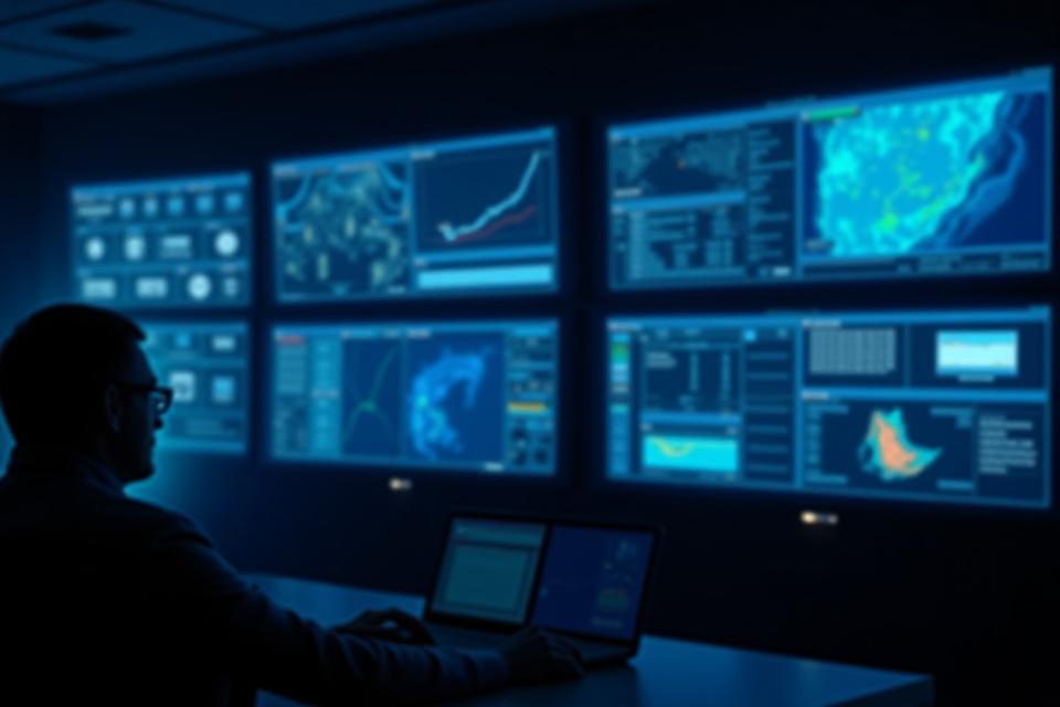 現代的で多画面の遠隔操作センター（ROC）で、オペレーターが複数のディスプレイを監視し、海上での自律航行を監督している様子。
