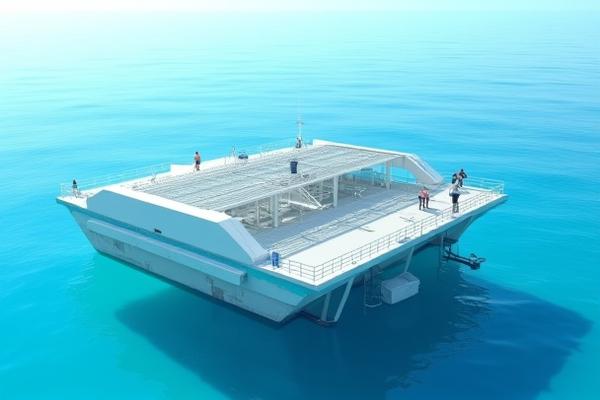 研究者が海洋データを収集している、洋上研究プラットフォームまたは堅牢な養殖施設の航空写真。