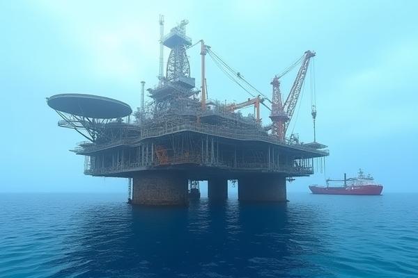 廃止措置期間中のオフショアプラットフォーム、一部が撤去され、残りの構造は海上にクレーンで吊るされている。