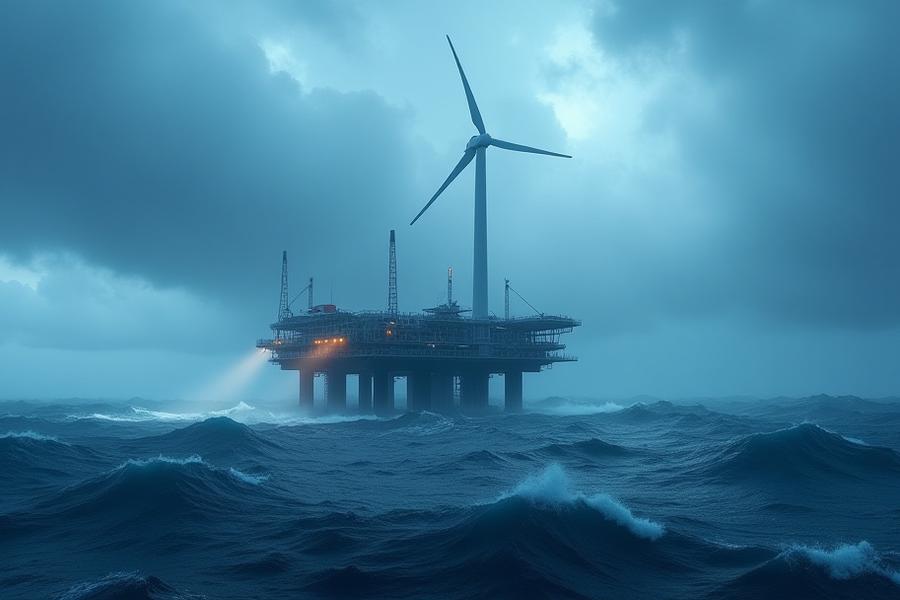 荒れた海に設置された15MW浮体式風力プラットフォームの印象的なレンダリング。