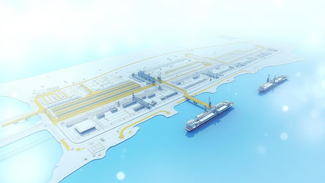 港湾インフラ計画の鳥瞰図：ターミナル、水路、後背地への接続を詳細に示した鮮明なマスタープラン