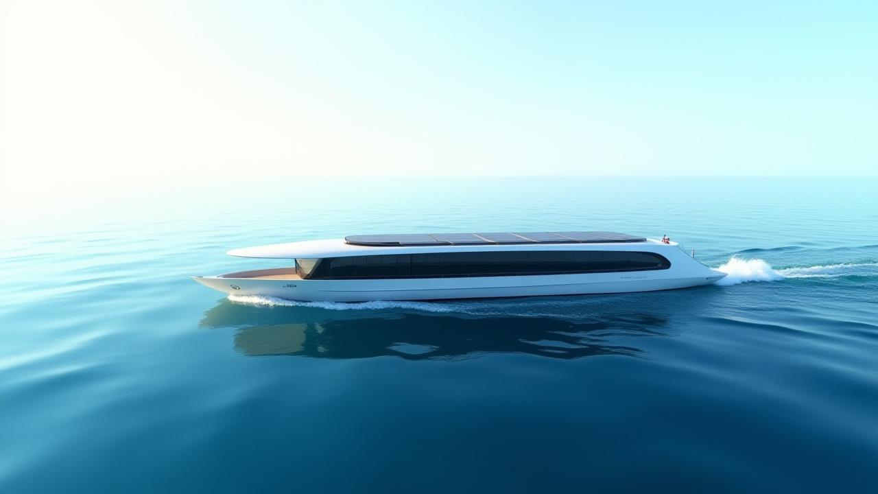 美しく洗練されたコンセプト船が、透明な青い海を航行している様子。環境への配慮を示す控えめな緑色の葉のアイコンが特徴。