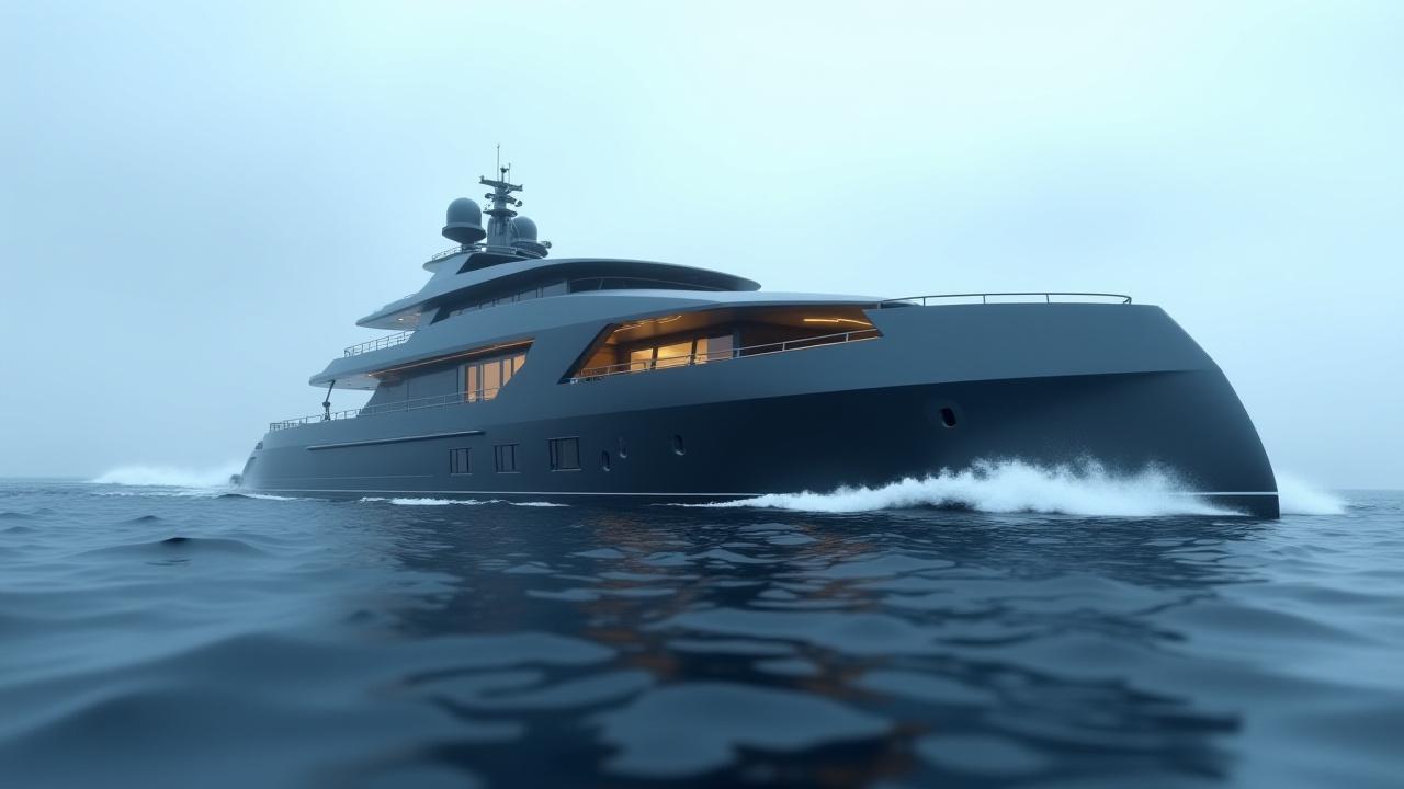 「プロジェクト風」と名付けられた流線型の70メートル級エクスプローラーヨットの豪華な3Dレンダリング。海を航行する姿は、堅牢かつ洗練された外観が特徴。