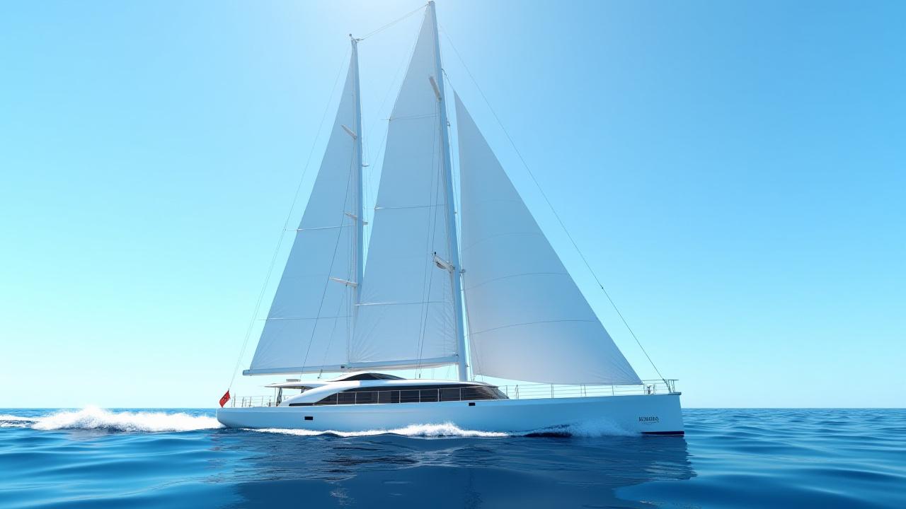 「プロジェクト水」と名付けられた55メートル級のパフォーマンススループ型ヨットのレンダリング。古典的な帆船のラインと現代的なハイブリッド電気推進システムが融合している。