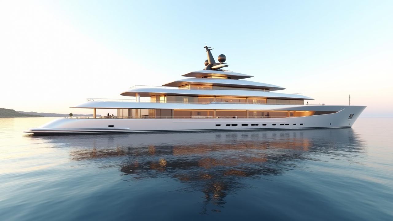 「プロジェクト砂」と名付けられた90メートル級スーパーヨットの豪華なコンセプトレンダリング。海上を航行するその船は、広大なガラス壁とシームレスな屋内屋外リビング空間が特徴。