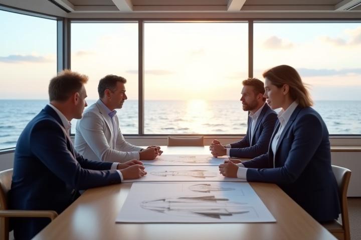 高級感のある明るい現代的な会議室で、一人のクライアントと二人のHarbor Echoのヨットデザイナーが、青い海を背景にしたヨットのデザインスケッチを囲んで真剣に話し合っている。