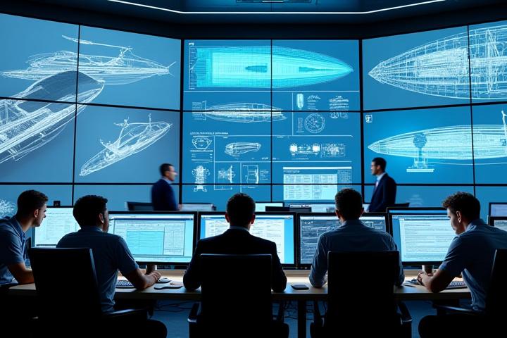 洗練された現代的なオフィスで、複数のモニターに高度な流体力学シミュレーションと構造解析の図面が表示されている。エンジニアたちが共同でヨットの構造と性能を最適化している様子。