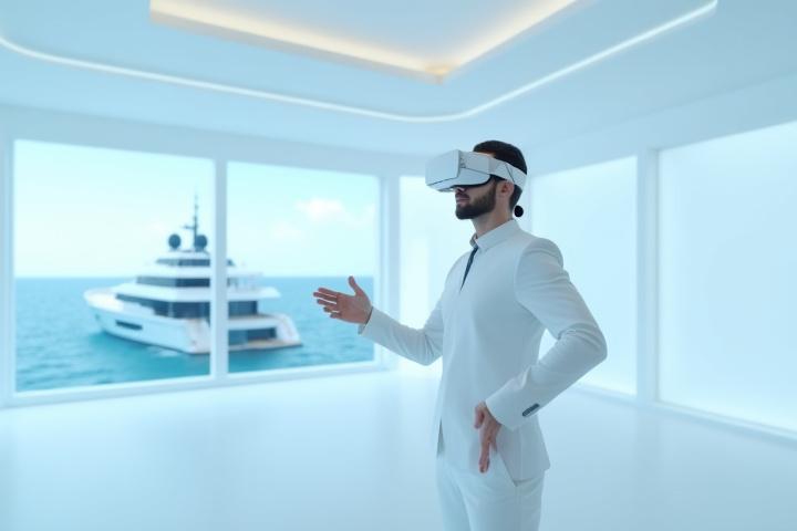 没入型バーチャルリアリティ環境で、VRヘッドセットを装着したクライアントが、完全な3Dでレンダリングされたヨットの内部を探索している様子。