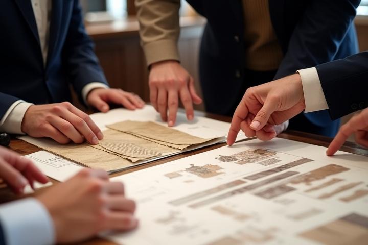 Harbor Echoのデザインチームの代表が、高級ヨットの内装デザイナーや造船所の担当者と、素材サンプルや設計図を囲んで最終的な細部について協力し合っている。