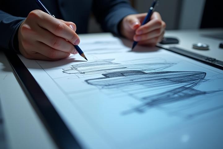 デザイナーが手書きのスケッチとデジタル描画デバイスを使用して、ヨットの初期コンセプトデザインを開発している様子。創造的なプロセスを強調するクローズアップショット。